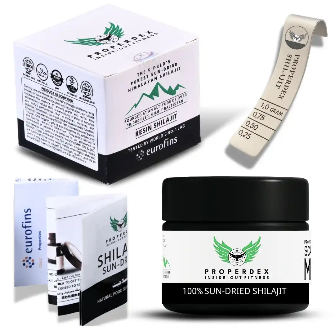 Properdex 15g Himalayan Shilajit resin jar with box, scoop and inserts