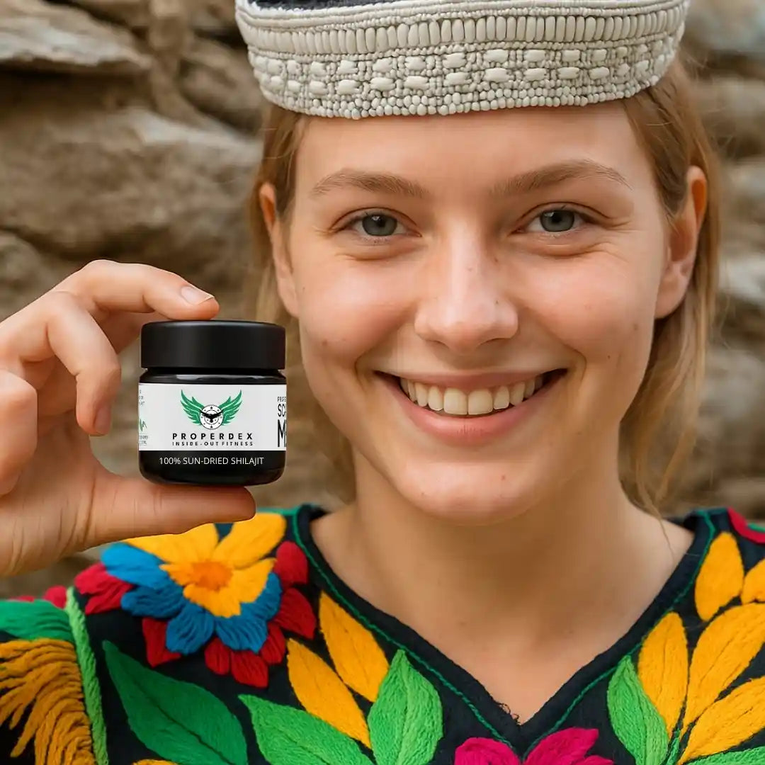 Properdex 15g Shilajit resin jar held in hand lifestyle photo