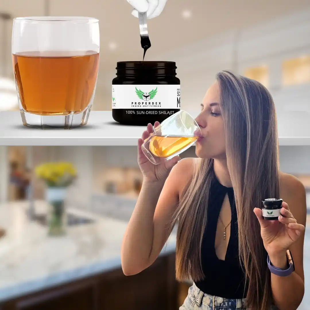 Properdex 30g Shilajit resin jar lifestyle photo with woman drinking beverage