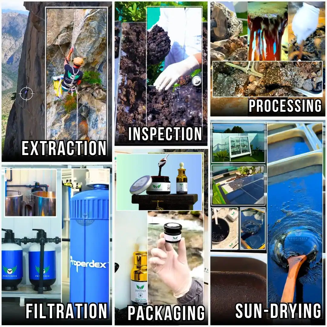 Properdex Shilajit production process including extraction, inspection, processing, filtration, packaging and sun-drying