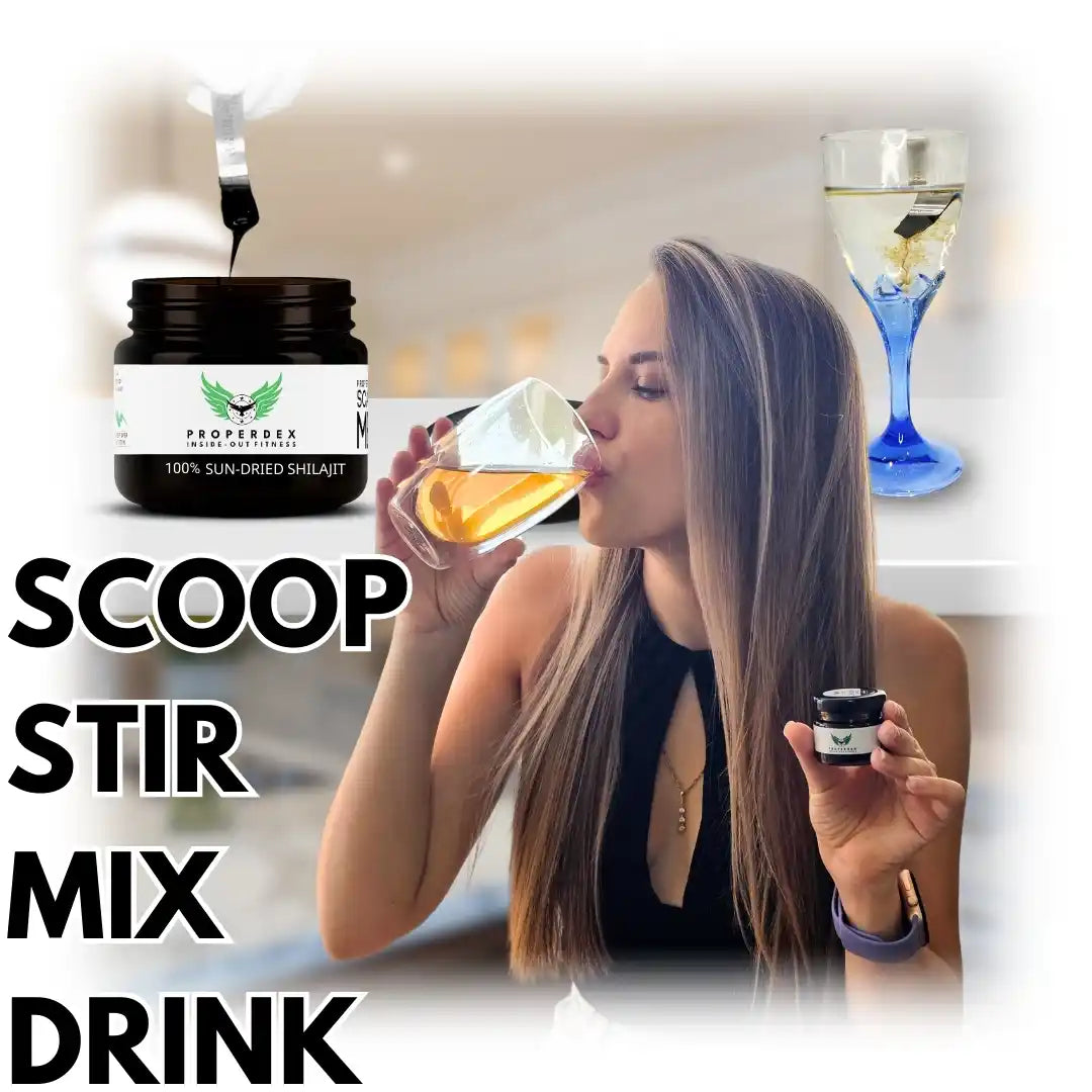 Properdex Shilajit resin jar with scoop and woman drinking supplement usage guide