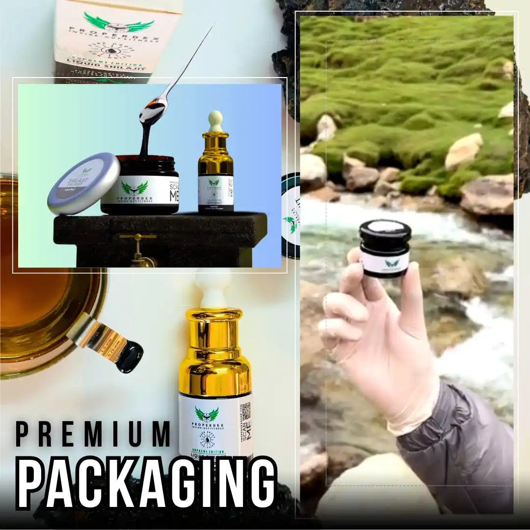 Premium Himalayan Shilajit packaging with glass jar, dropper, and eco box — fresh from mountains.