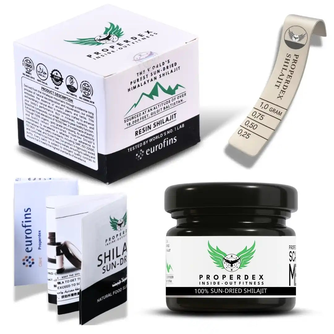 Properdex 15g Shilajit resin jar with box packaging, scoop and inserts