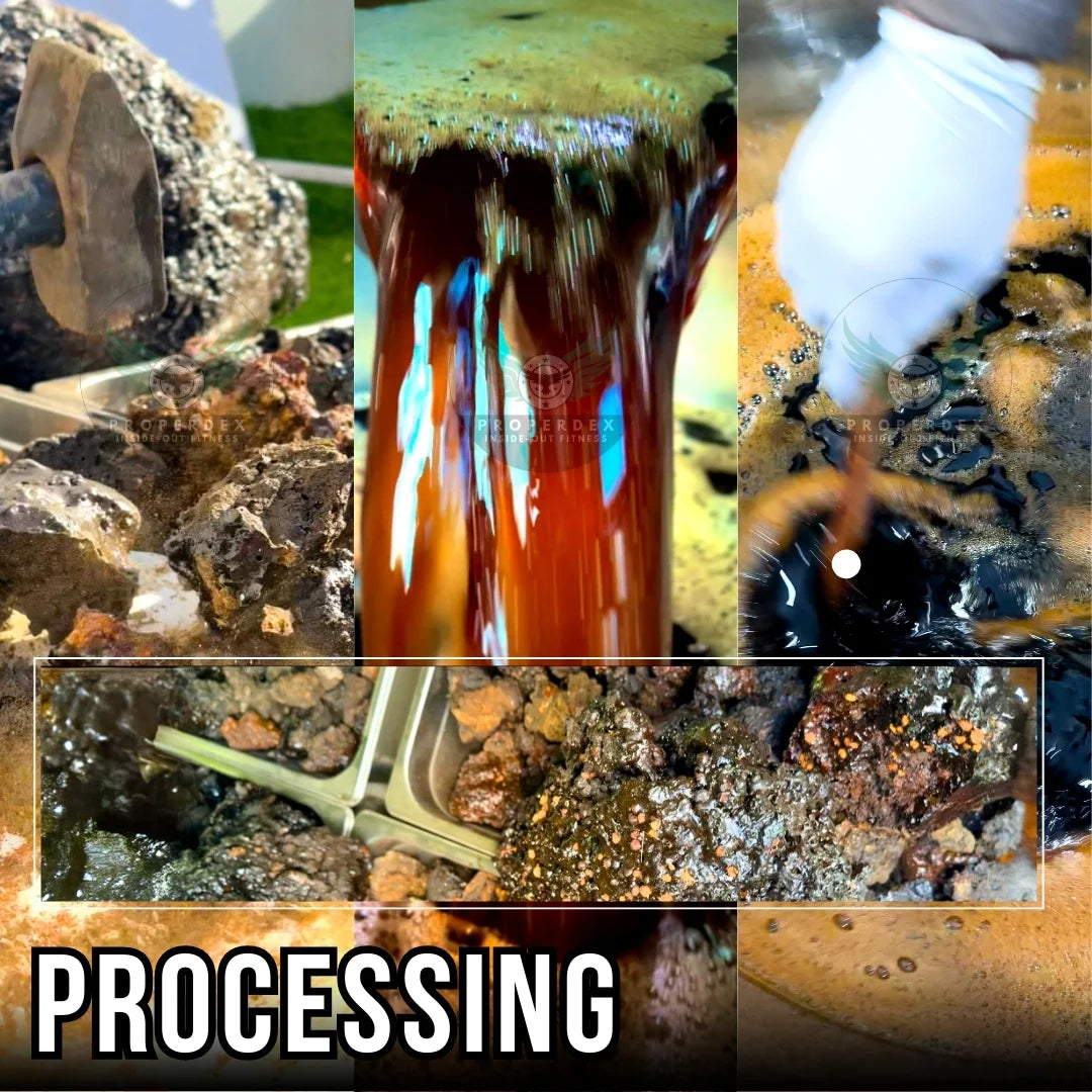 Shilajit Herstellung (processing): stirring & refining — how to process shilajit rocks in water.