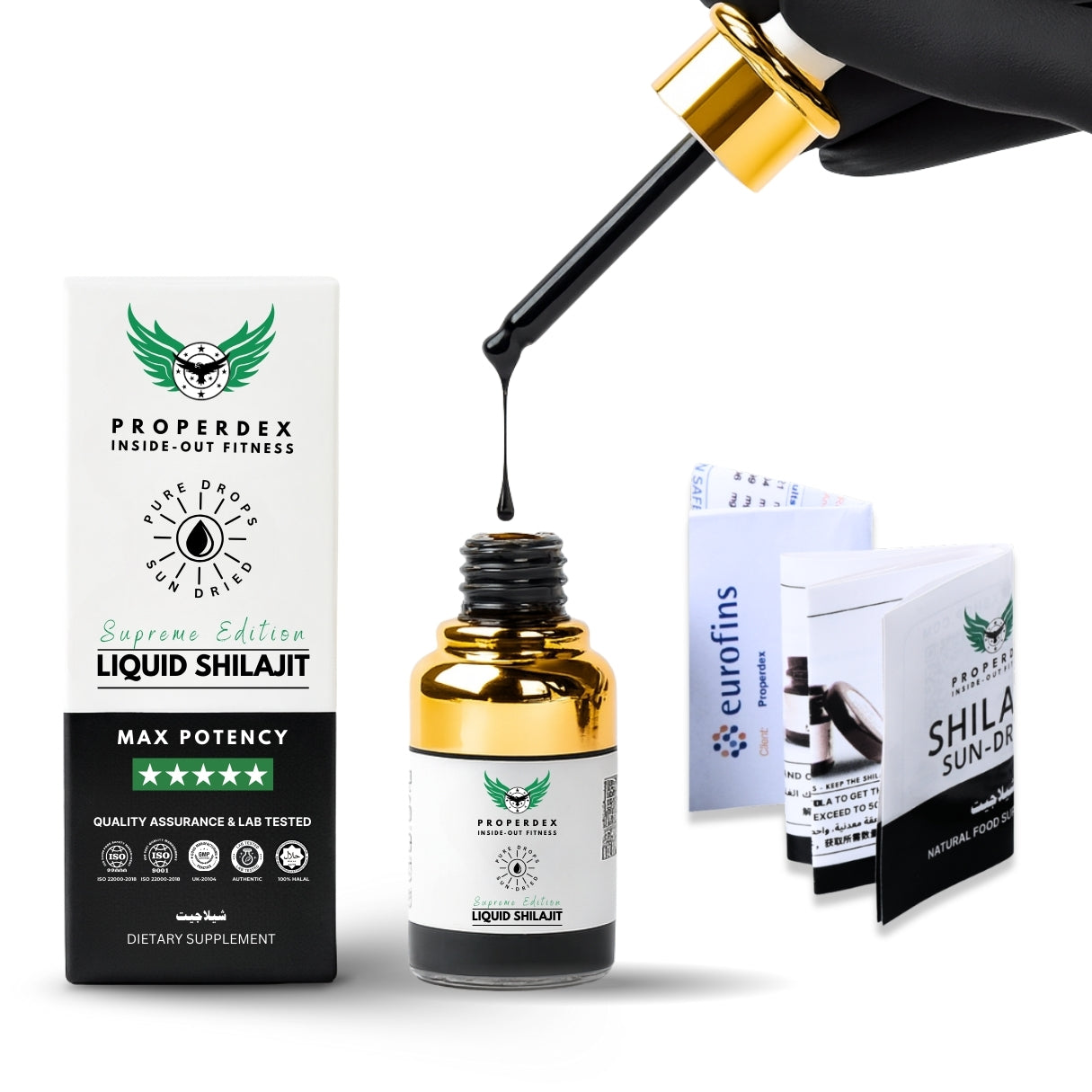 Properdex Pure Liquid Shilajit dropper with packaging and booklet inserts