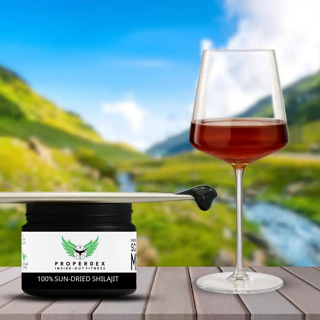 Properdex 15g Shilajit resin jar with scoop and glass lifestyle photo